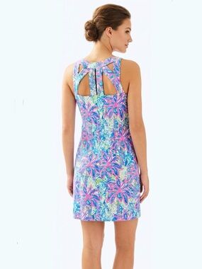 Lulu-B Tropical Sleeveless Dress Alm Tree Print Sleeveless Strappy Back